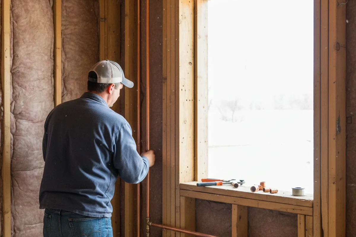 Licensed plumber running new copper supply lines in a Lindsay home